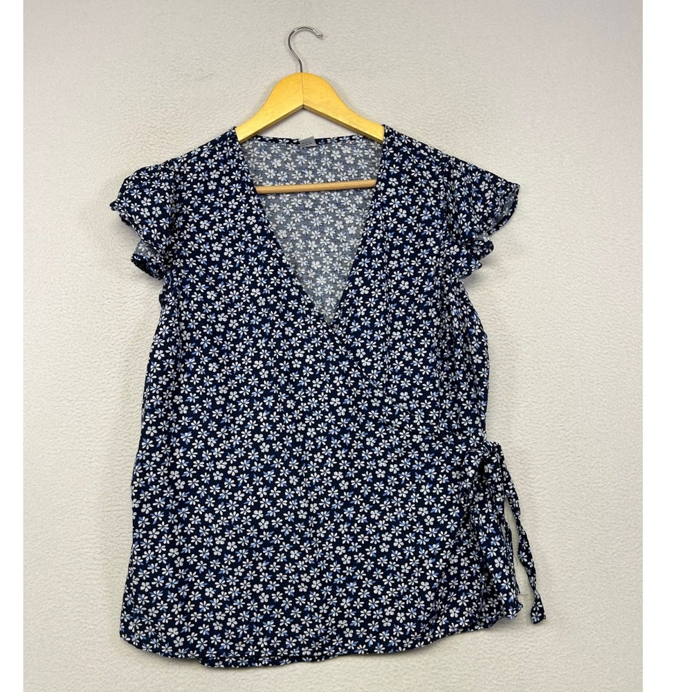 Cottage Old Navy Floral Wrap Top Womens XL Navy Blue Daisy Flutter Sleeve Blouse
